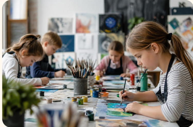 Children painting during an art class
